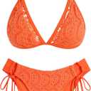 ZAFUL Women's Halter Triangle Bikini Set Crochet Boho Floral Swimsuit Cut Out Tie Side Two Piece Bathing Suit (X-Large, Orange)