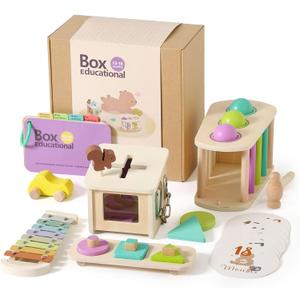 IEATFO Montessori Toys for Babies 12-18 Months, 7-in-1 Wooden Playful Learning Toys with Ball Pounding Bench and Xylophone, Shape Lockbox, Shape Peg Puzzle, Wooden Car and More, Stage-Based
