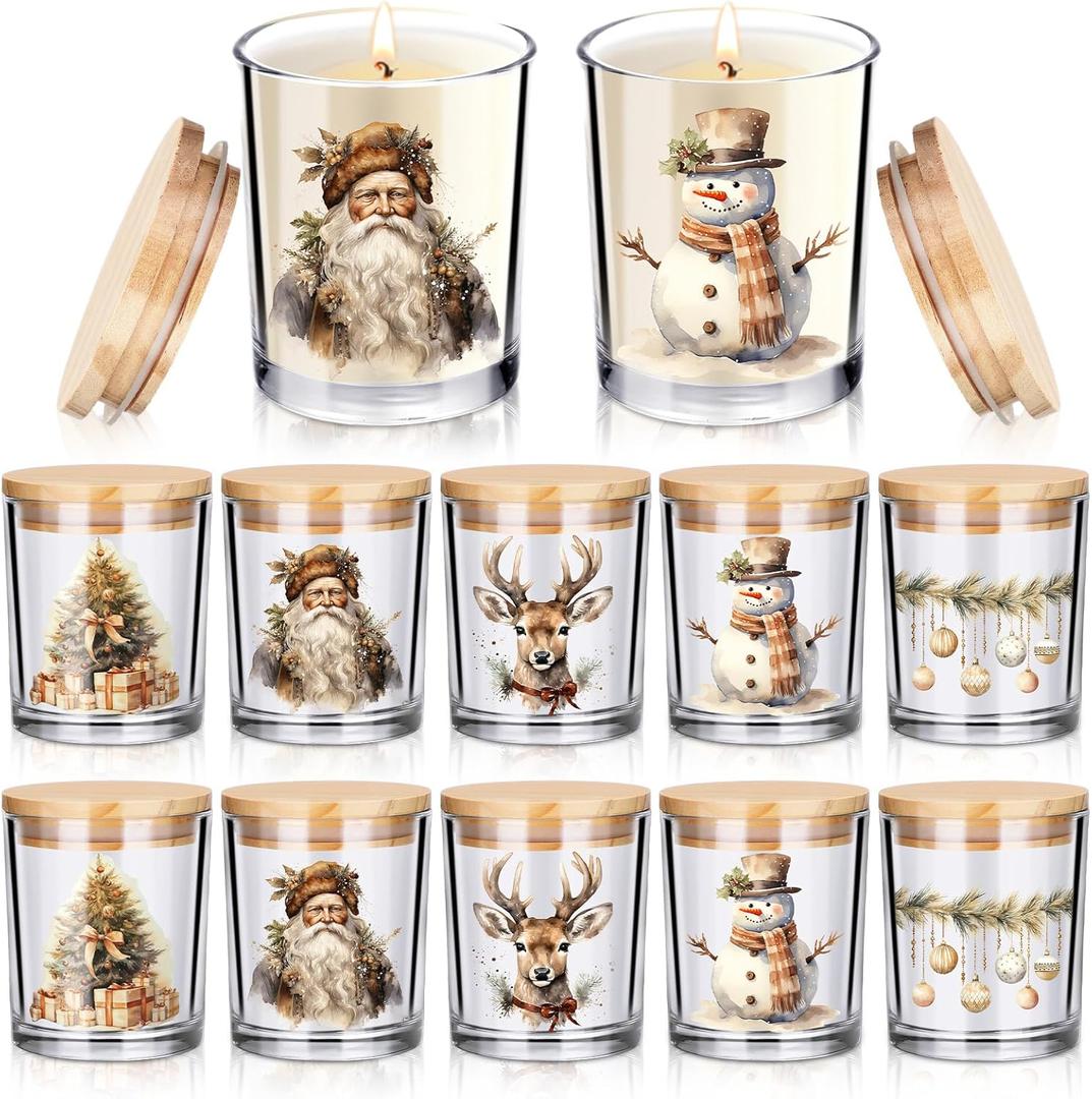 10 Pcs Vintage Brown Christmas Glass Candle Jars Empty Containers Bulk 7 oz Farmhouse Glass Jars with Cork Lids Tins for Xmas Holiday Candle Making Storing Biscuits Tea Party Favors