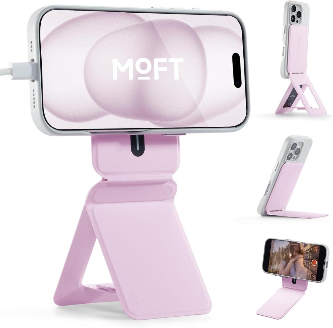 MOFT Phone Tripod Stand Selfie Stick for iPhone, Multi-Angles iPhone Stand, Lightweight & Portable Phone Holder, Strong Magnets, MOVAS Vegan Leather, Travel Essentials,  Pink (Without Card Slot)