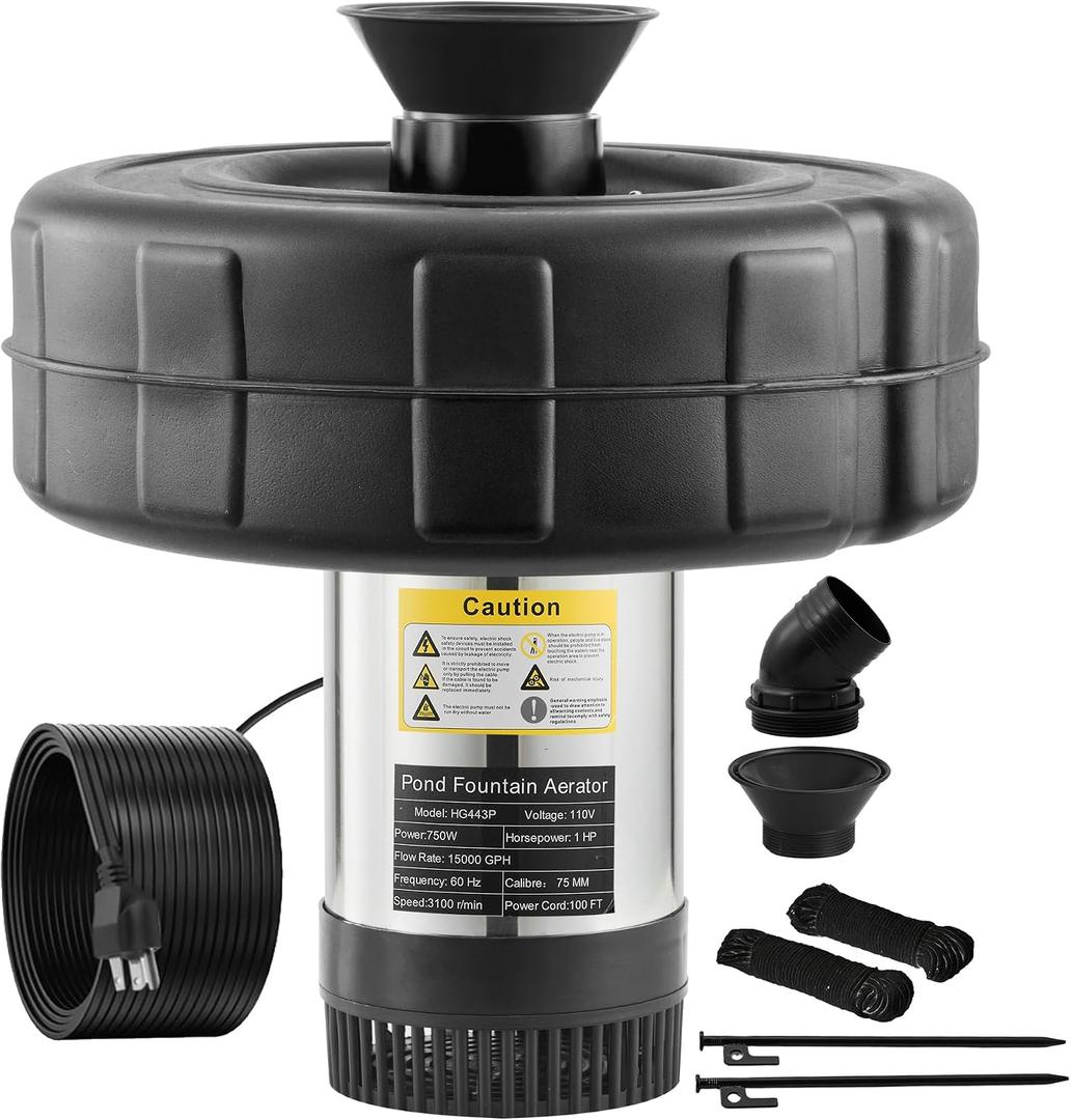 KARTOOSH Pond Fountain Aerator Stainless Steel Pond Pump | 15000 GPH Floating Fountain Pump with 100 FT Power Cord, 750W 1HP Aerating Fountain for Small Large Ponds Lake