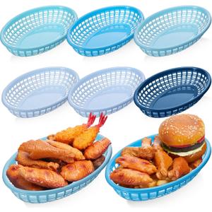12 Pcs Plastic Fast Food Restaurant Baskets Fast Food Snack Baskets Blue Plastic Oval Serving Tray for Hot Dogs Burgers Sandwiches Chips 6 Colors
