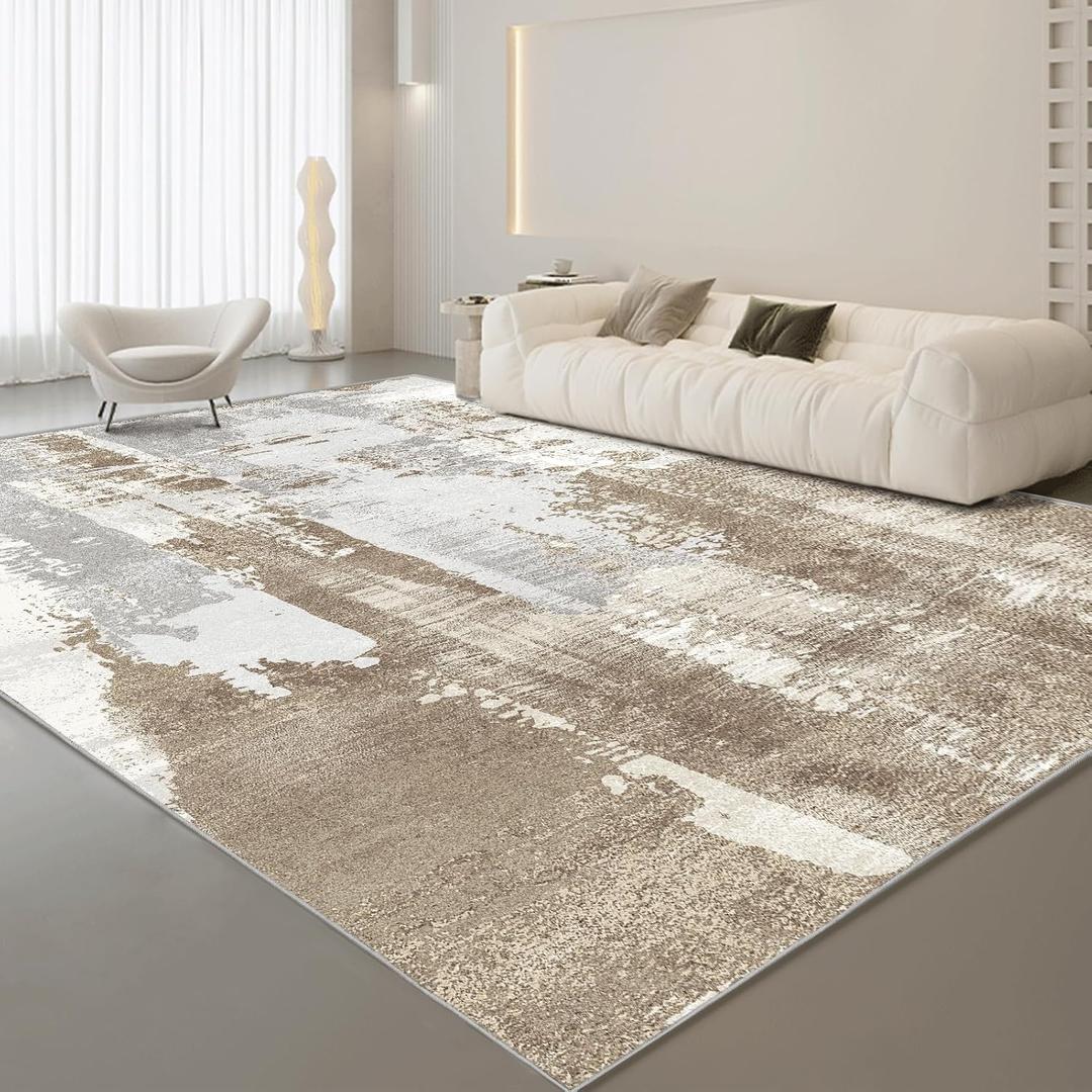 Abstract Large Area Rug 9x12, Lightweight Low Pile Stain Resistant Bedroom Living Room Rug with Non Slip Backing for Home Dining Room High Traffic Areas, Brown