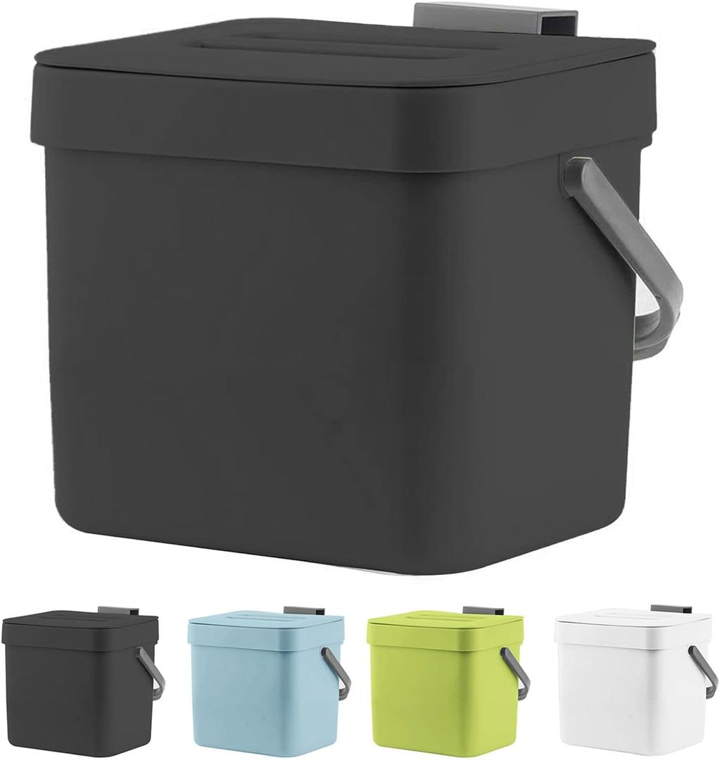 Kitchen Can with Lid, LALASTAR Wall-Mounted Under Sink Small Garbage Can for Kitchen, Bathroom, Compost Bin Countertop, Cabinet Can Hanging, 1.8 Gallon, (Black, 7L)