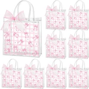 Wesnoy 24 Pcs Pink Bow Clear PVC Gift Bags with Handle Coquette Bowknot Party Favor Pink Plaid Bow Candy Treat Tote Bags for Birthday Party