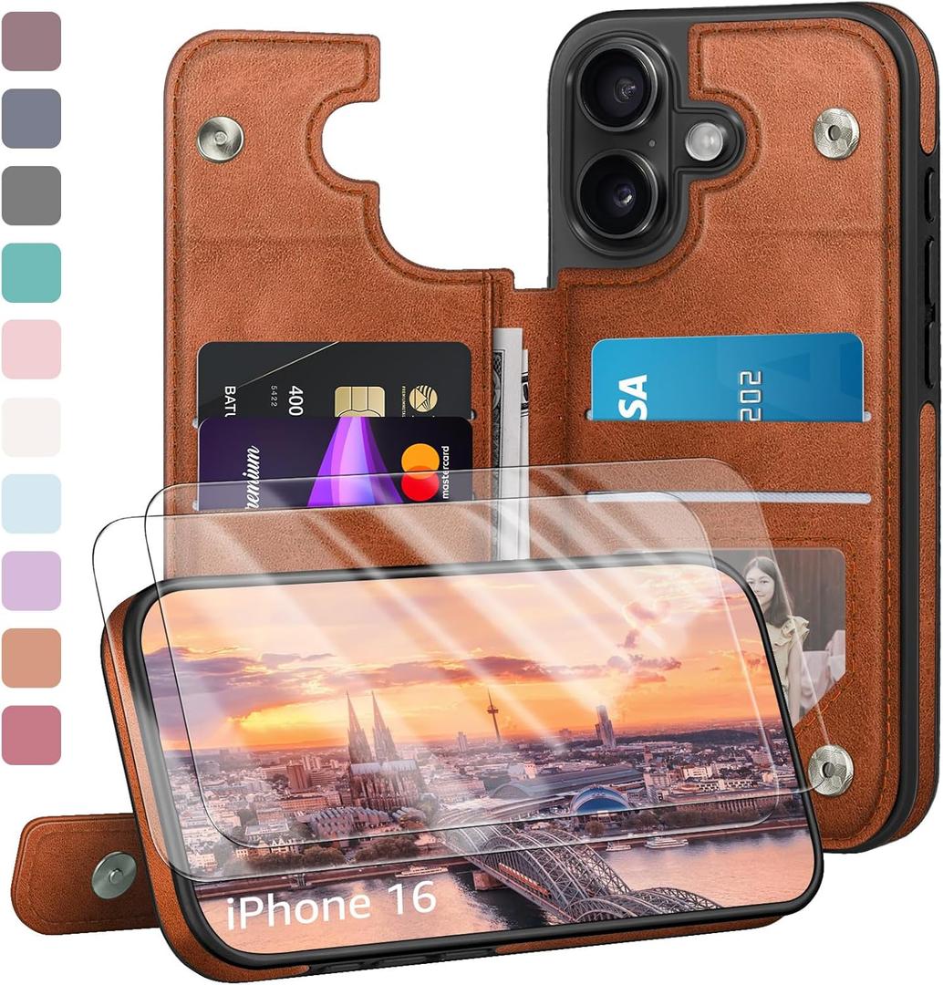 Compatible with iPhone 16 Case Wallet, Card Holder Case with [2 Screen Protectors] Cover with [RFID Blocking Leather] Shockproof Women Men Cases 6.1" for Apple 16 Light Brown