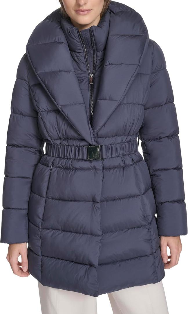 Kenneth Cole New York Women's Pillow Collared Fashion Puffer With an Inner Bib Removeable Buckle (Blue, XL)
