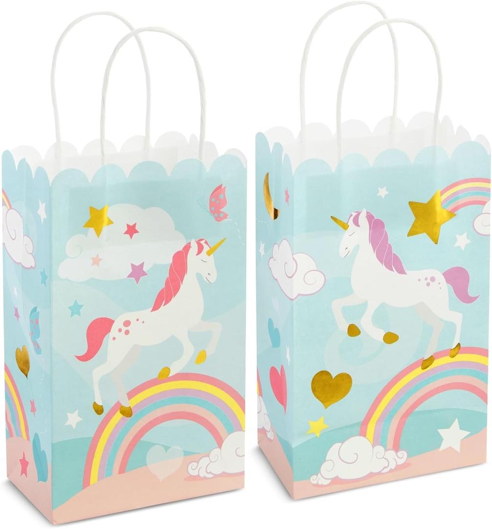 BLUE PANDA 24 Pack Unicorn Party Favor Gift Bags with Handles for Pastel Rainbow Birthday Decorations (5.5 x 8.6 x 3 In Unicorn Party Favor Bags)