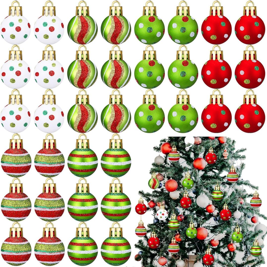 Syhood 36 Pcs 1'' Lime Green Mini Christmas Ball Ornaments Red and Green Christmas Ornaments Plastic Shatterproof Glitter Ball Hanging Decorations for Xmas Tree Wreath Garland Home Indoor Party Decor
