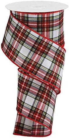 Printed Plaid Look on Satin Wired Edge Ribbon, 10 Yards - (Black, Green, Red, Yellow, White, 2.5 Inch)