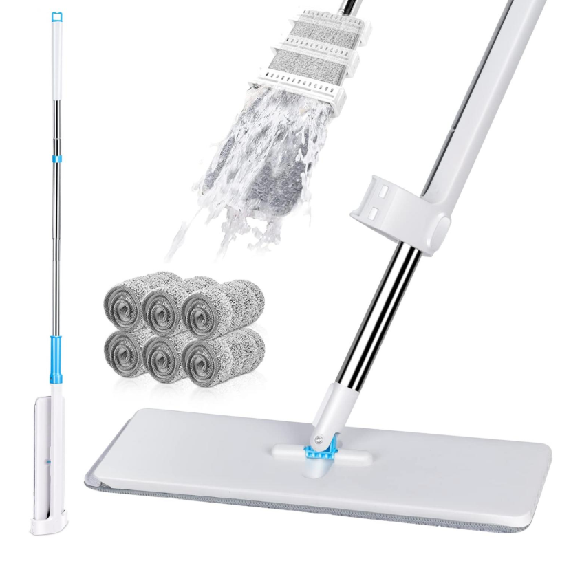 Masthome Self Wringing Flat Mop, Hands-Free Microfiber Floor Mop with 6 Reusable Mop Pads and 1 Scraper, Dust Mop for Hardwood, Laminate, Tile Floor Cleaning Dust Mop -3005
