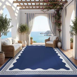 Garvee Large Outdoor Rug 10x14 Scalloped Waterproof Patio RV Outdoor Rugs Reversible Foldable Plastic Straw Rug Modern Camping Carpet for Deck Camper Porch Balcony Backyard Picnic Beach Dark Blue