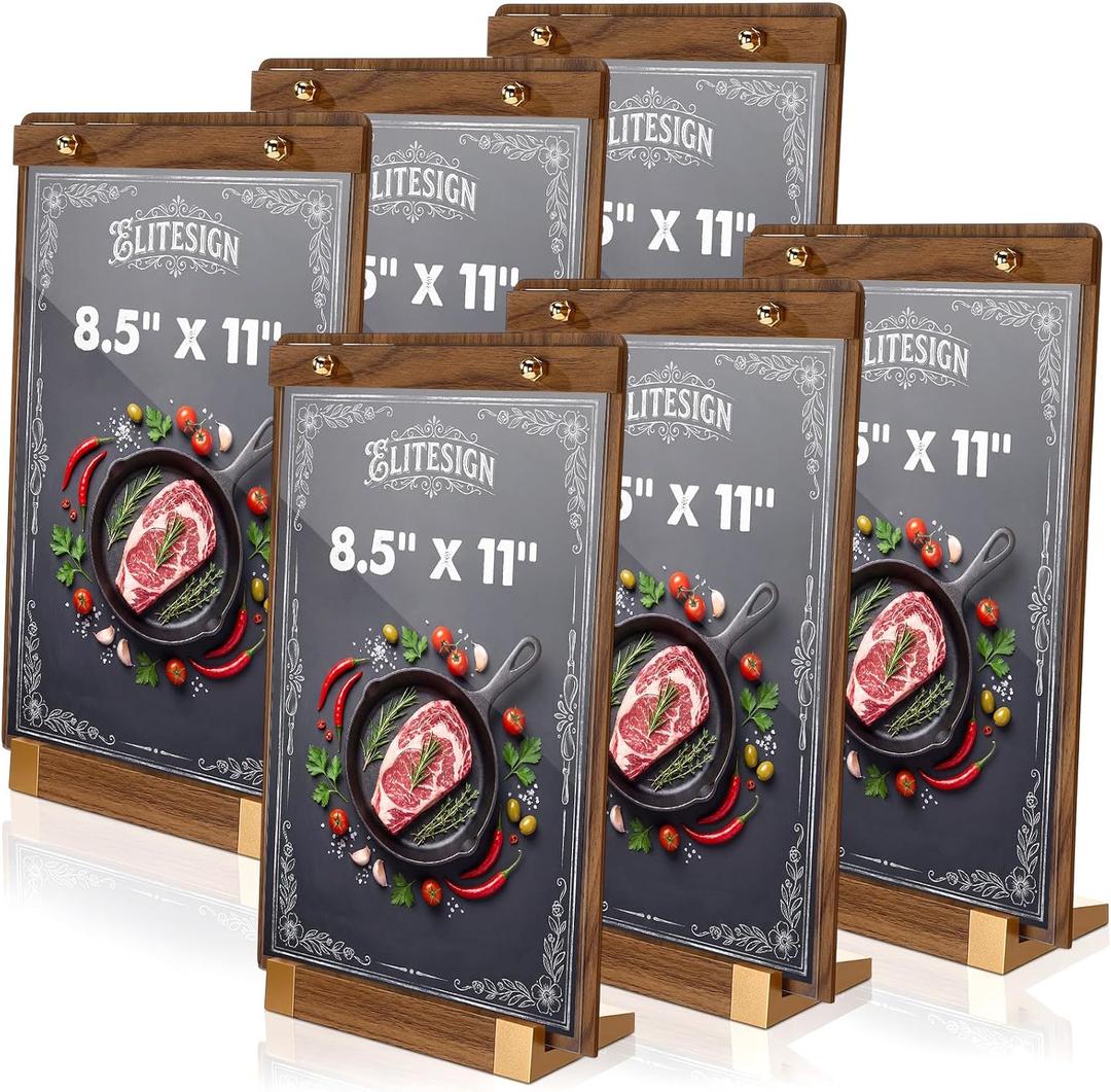 Sliner 6 Pcs 8.5 x 11 Inches Acrylic Sign Holders with Walnut Wood Base Clear Acrylic Frame Display Stand Table Stand for Menu Poster Flyer Restaurant Office Coffee Shop Store Bar