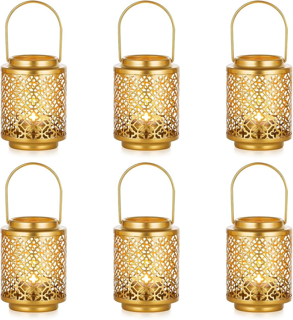 NUPTIO Gold Lanterns for Wedding Centerpieces: 6 Pcs 4.1inch Hanging Metal Tealight Holders Bulk Decorative Mini Tea Lights Indoor Candle Lantern for Thanksgiving Diwali Ramadan Decor (Style 1)