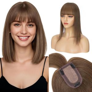 S-noilite Human Hair Toppers for Women with Bangs 100% Real Human Hairpiece 5"x3" Clip in Silk Base Topper Piece Cover Thinning Fine Hair 10 inch Chestnut Brown
