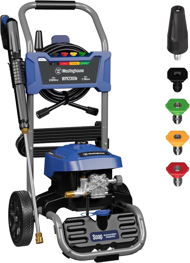 Westinghouse WPX2300e Electric Pressure Washer, 2300 Max PSI and 1.76 Max GPM, Induction Motor, Onboard Soap Tank, Spray Gun and Wand, 5 Nozzle Set, for Cars/Fences/Driveways/Homes/Patios/Furniture