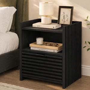 BON AUGURE Black Wood Nightstand, Modern End Table with Drawer, 15.75"D x 18.5"W x 21.73"H
