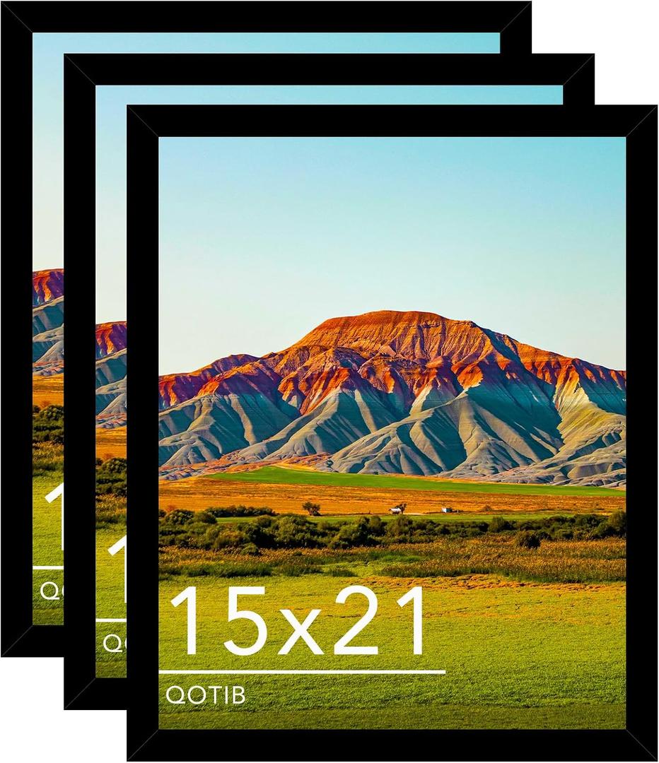 15x21 Picture Frame Black for Wall Mounting Set of 3, Horizontal and Vertical Formats for Wall Hanging, Wood 15x21 Frame, Black, 3 Pack