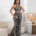 Cololura Women Sexy Elegant Sequin Tassel Off Shoulder Halter Bodycon Maxi Dress Party Evening Gown Formal Dress (Black, 3XL)
