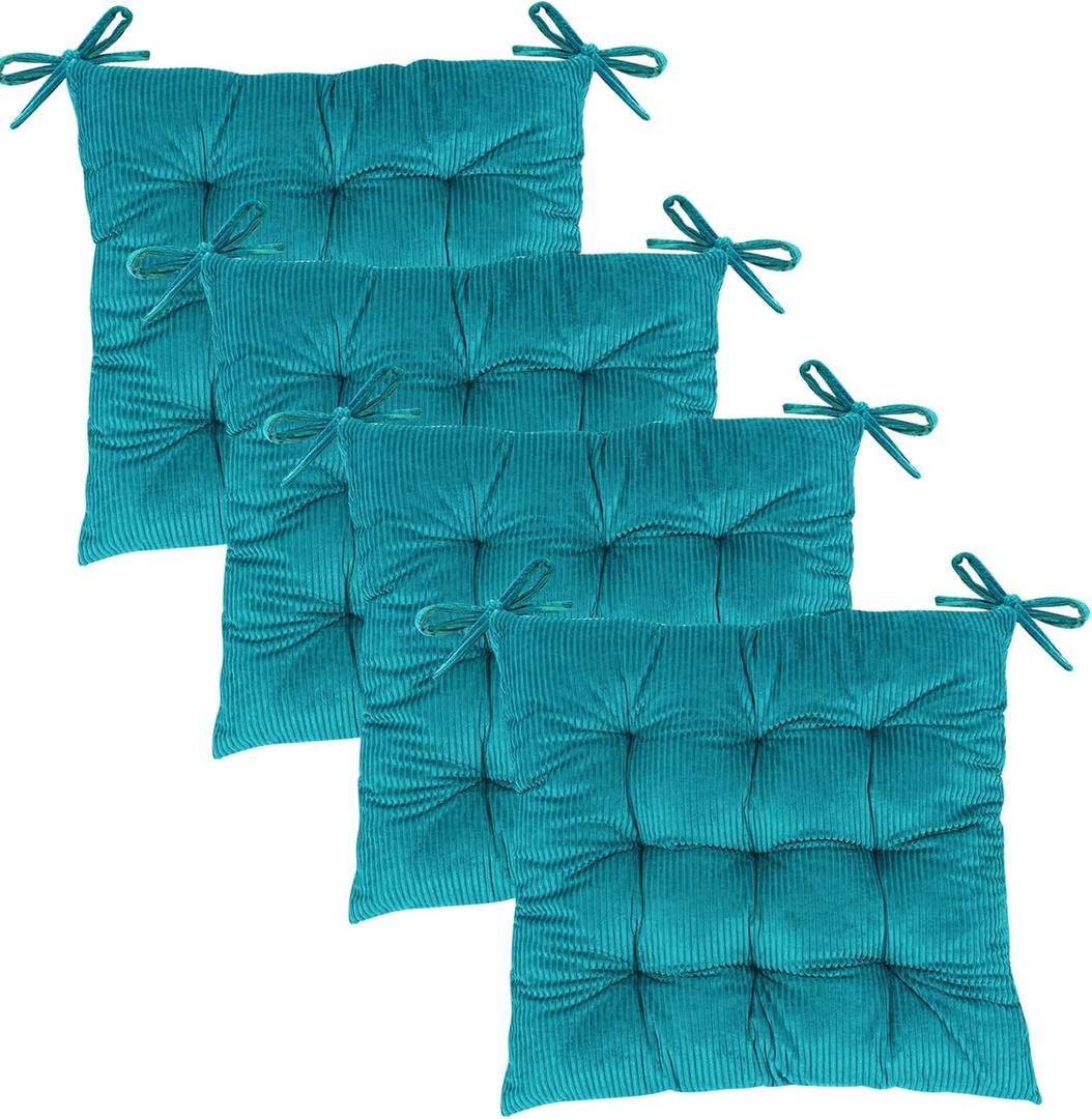4Pack Chair Cushions for Dining Chairs 15.7"X15.7" Corduroy Chair Pads with Ties Indoor Non-Slip Square Seat Cushion for Kitchen Office Chairs Computer Desk Seat Pad, Dark Green