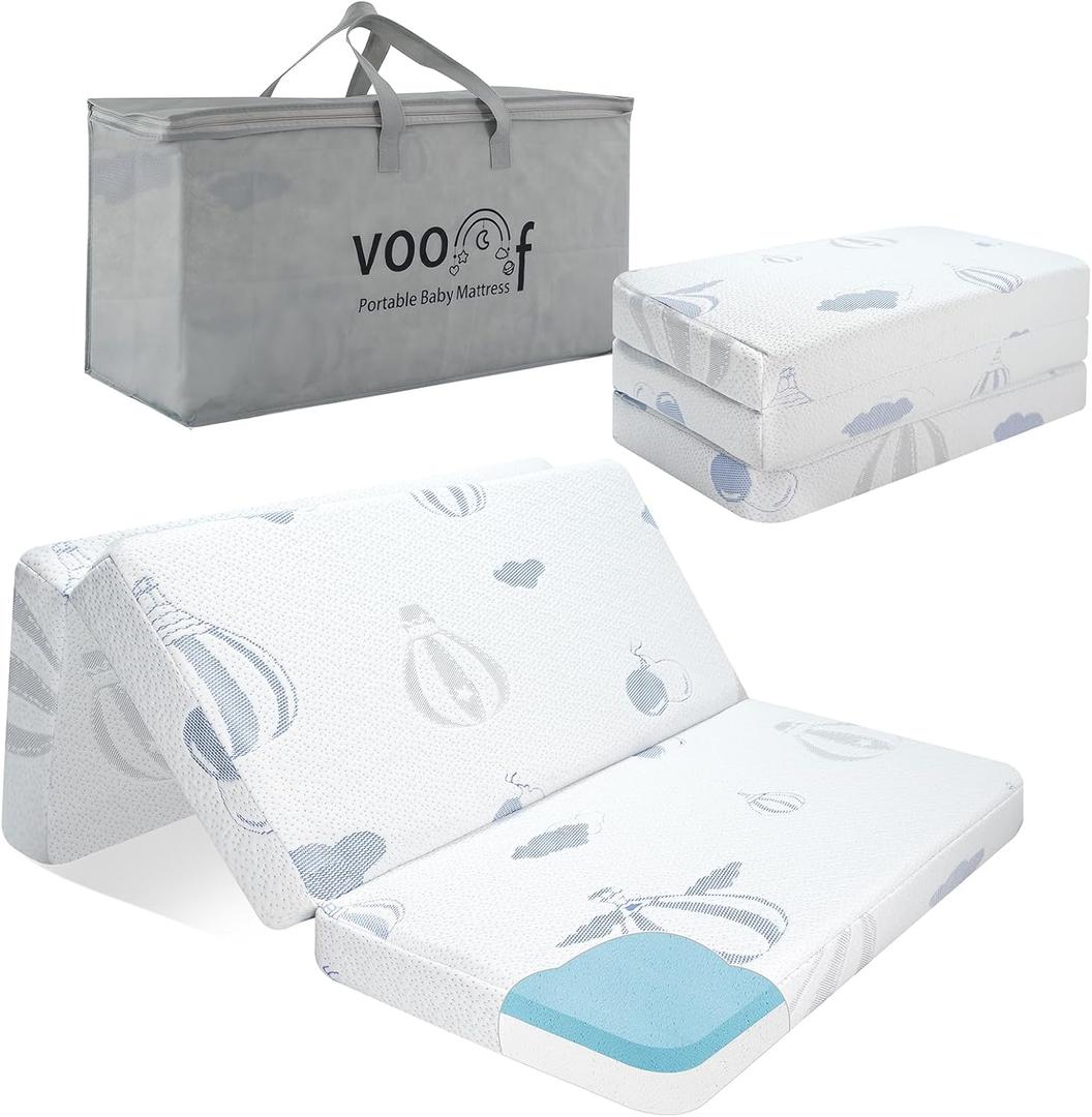 Pack and Play Mattress Trifold, 38"x26"x3'' Memory Foam Dual-Sided Pack N Play Mattresses for Baby Toddler, Soft Baby Crib Mattress for Pack N Play with Machine Washable Cover Balloon Pattern (Blue 2.99'')