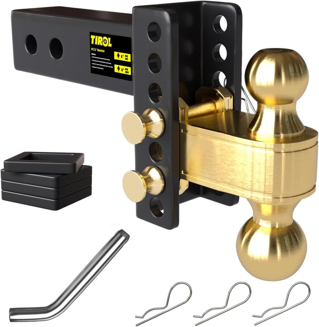 TIROL 2.5" Adjustable Trailer Hitch - 2 1/2 Receiver Hitch, 4" Drop/Rise, 2'' & 2-5/16'' Ball Hitches Max 25000 Lbs Heavy Duty Towing Ball Mount, RVs, Campers, Boat Trailers