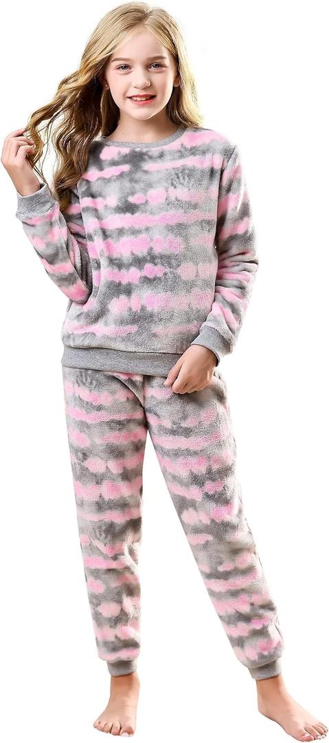V.&GRIN Girls Fleece Pajamas, Soft Cozy Pullover Sweatshirt Pants Set for Kids 7-16 Years (Pink-gray) 7-8