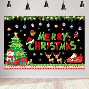 Merry Christmas Banner Decorations Black The Santa Claus Reindeer Snowflakes Bacdrop Decorate for Family Gathering Winter New Year Xmas Eve Party Decoration Supplies 7x5ft