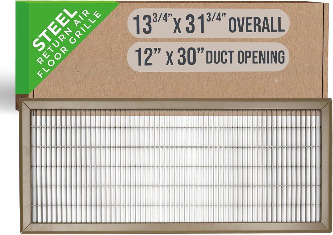 Fits 12x30 and 30x12 Duct Opening | Return Air Floor Grille by Handua | Walkable Vent Cover Grill for Floor | Brown | Heavy Duty Fixed Blades | Outer Dimensions: 13.75"W X 31.75"H