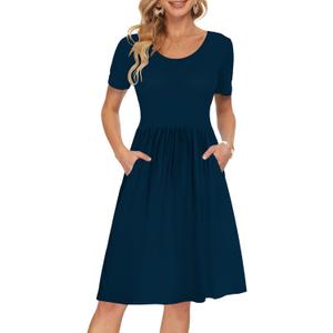 AUSELILY Women's Short Sleeve Empire Waist Dress Pleated Loose Swing Knee Length Dresses with Pockets 2025 New (X-Large, 01-navy Blue)