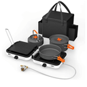 Hisencn Camping Stove,2 Burner Propane Stove,20000 BTU/h Camping Cooking set Includes Frying Pan,Kettle and Pot,Adjustable Burners & Piezo Ignition,Portable stove for camping Outdoor, White