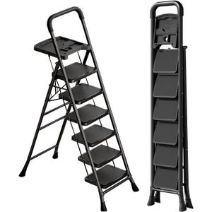 6-Step Ladder with Tool Tray,Portable Step Tool 330lb Load,Folding Anti-Slip Step Ladder with 10"x15" Anti-Slip Widen Pedals,Handrail,Safe-Lock Design Carbon Steel Step Ladder for Home Kitchen+1 (Black)