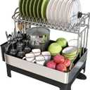 BOOSINY Extra Large Stainless Steel Dish Drying Rack, 2 Tier Dish Racks for Kitchen Counter, Dish Drainer with Drainboard Set, Full Size Dish Dryer Rack with Utensil Holder, Black