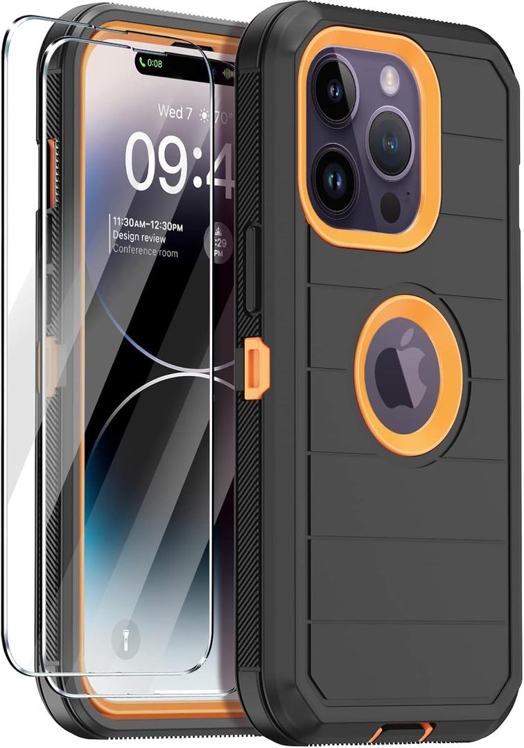 Annymall for iPhone 14 Pro Max Case with 2 Screen Protector,Full Body Shockproof Drop Protection Dust Proof Heavy Duty 3-Layer Military Rugged Durable Cover for Apple iPhone 14 Pro Max(Black/Oranger)
