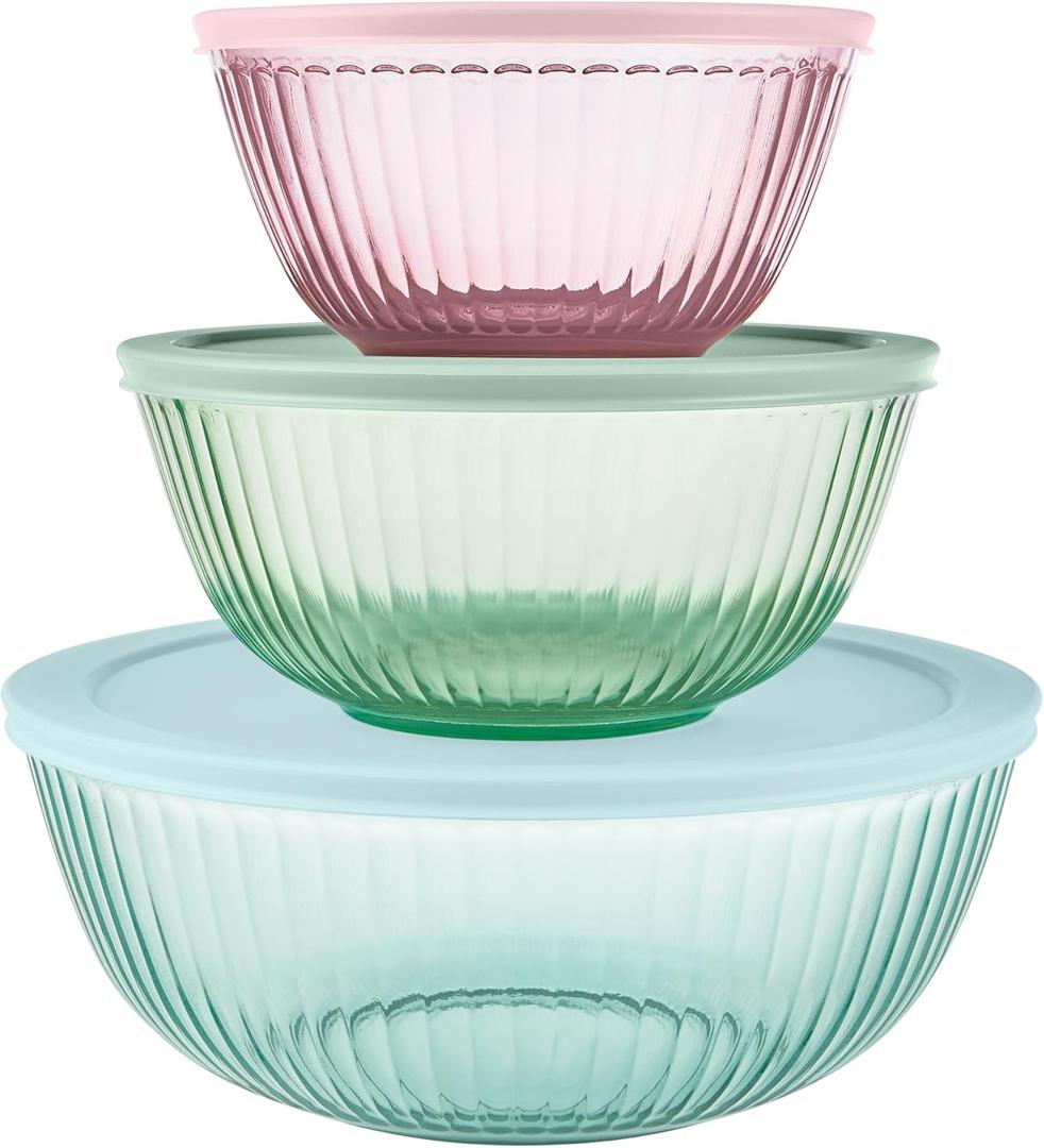 Pyrex Colors Tinted (3-Pack, Full Set) Sculpted Tinted Glass Mixing Bowls With Lids, Nesting Space Saving Set of Bowls For Prepping and Baking, 1.3QT, 2.3QT & 4.5Q, Aqua (Pink, Green, Aqua)