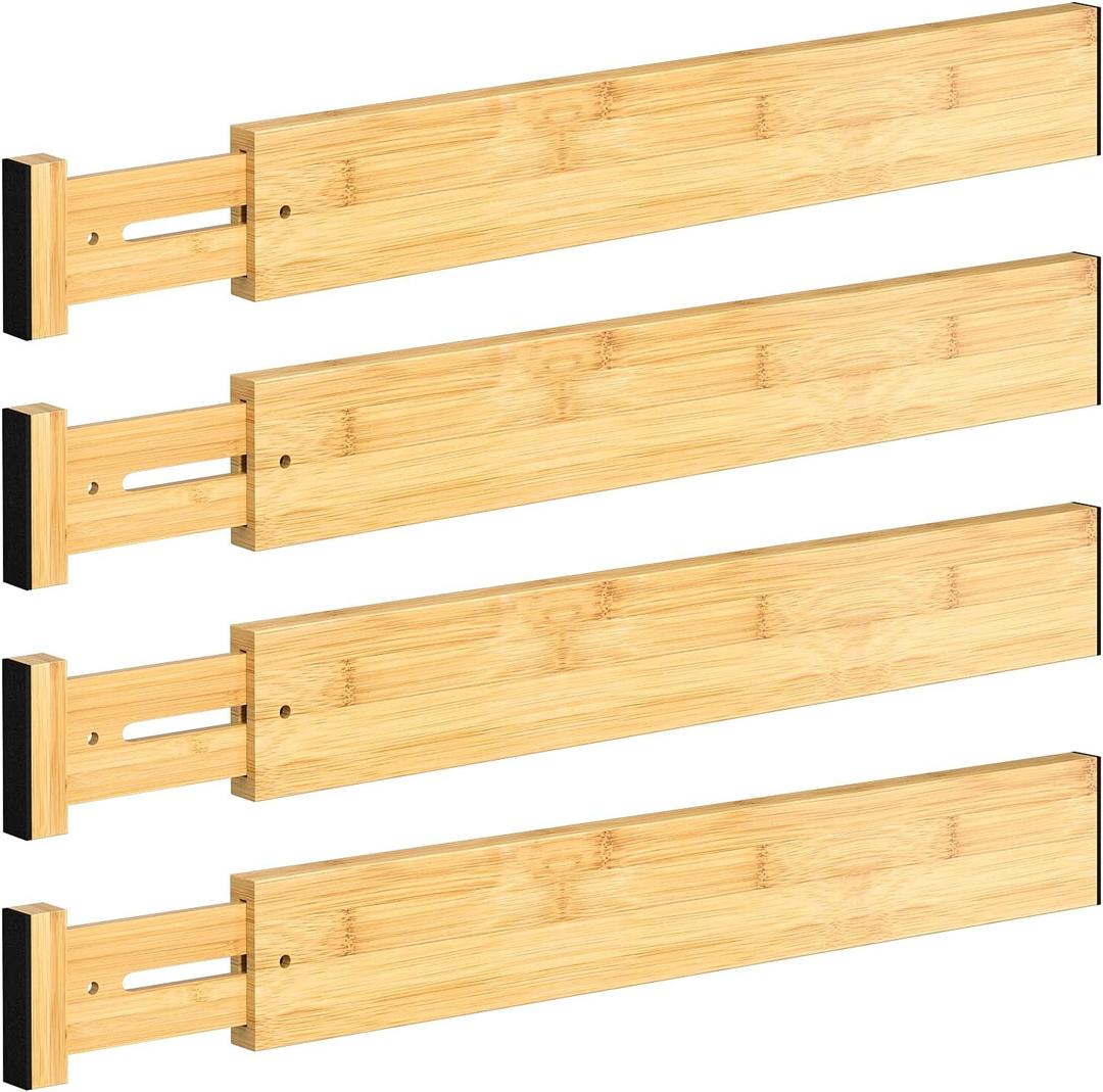 DUCOO 4 PCS Drawer Divider, 17"-22" Adjustable Bamboo Drawer Dividers Organizers, Expandable Separators for Kitchen, Clothes, Dressers, Home, Office (Natural)