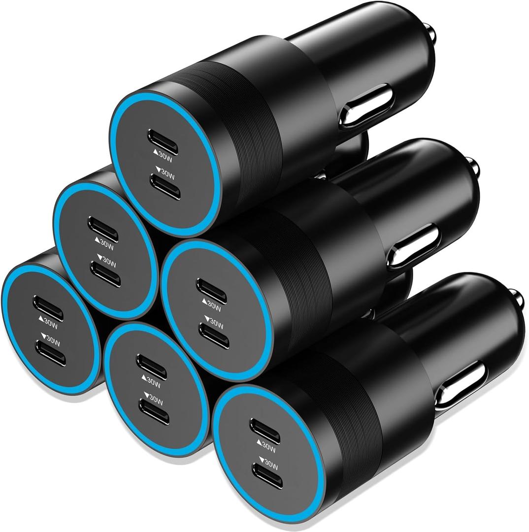 6 Pack 60W Super Fast USB C Car Chargers, Dual 30W PD 3.0 PPS Charging Ports, 12V Cigarette Lighter Adapter Bundle for iPhone 17 16 15 14, iPad, Samsung Galaxy S25 S24, Google Pixel 10 Android Phones