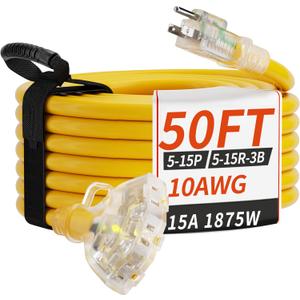PlugSaf 50 FT 10 Gauge Outdoor Extension Cord with Multiple Outlets Light Indicator, Flexible 3 Outlet Weatherproof Heavy Duty Extension Cord Waterproof Yellow, 15A 1875W 10AWG SJTW, ETL Listed