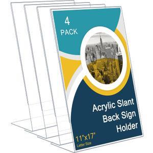 Qilery 4 Pcs 11 x 17 Inch Acrylic Sign Holder, Standing Sign Holder Table Top Transparent Plastic Document Slant Back Display Stand for Workers Teachers Office School Menu Desktop