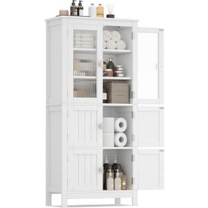 Akxomel 53.1" H Tall Bathroom Storage Cabinet, Bathroom Floor Cabinet with 6 Doors and Adjustable Shelf, Linen Cabinet, Pantry Cabinet for Living Room, Kitchen, Entryway, White