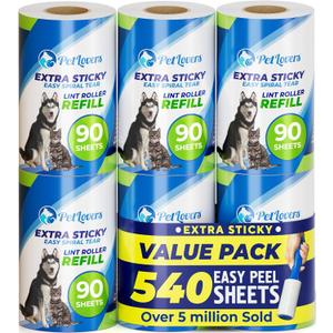 PetLovers Extra Sticky Lint Roller 6 Pack of Refills Only - No Handle Included - 90 Sheets Per Refill 540 Sheets Total