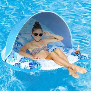 Pool Float with Canopy, Cup Holder - XL Pool Chair Lounge Float with Adjustable Sun Shade Cover, Drink Holder, Ergonomic Headrest,Inflatable Pool Float for Adults (Blue)