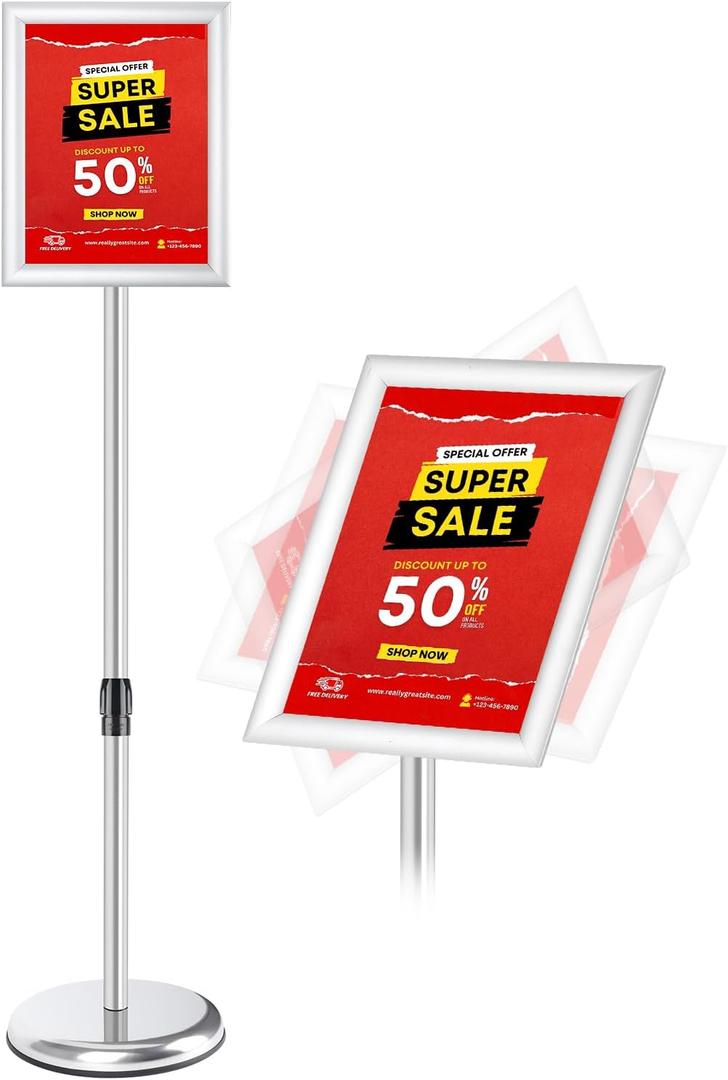 RedChili Adjustable Sign Holder Stand for 8.5x11 Inch Poster, Floor Standing Sign Holder With Snap-Open Aluminum Frame 360 Rotating Display Outdoor Indoor Signage Stand for Advertising (Silver, Sharp Corner)
