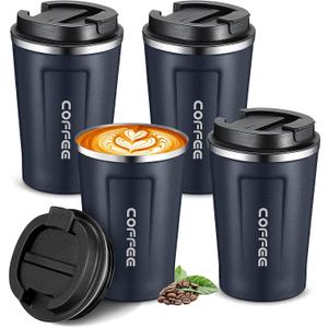 Sieral 4 Pcs 13 oz Travel Coffee Mug Insulated Reusable Coffee Cups with Leakproof Lid Stainless Steel Portable Tumbler for Keep Hot or Ice Milk Tea(Navy Blue)