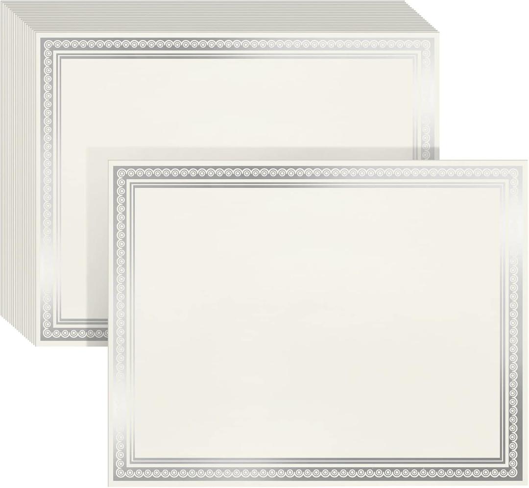 50 Sheets Silver Foil Certificate Paper for Printing - Customizable Blank Cardstock with Border for Graduation Diploma, Achievement Awards, Recognition Documents (8.5 x 11 in, Ivory) (Ivory)