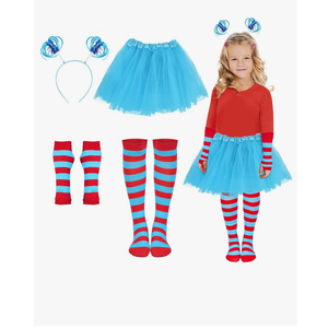 Blue Tutu Skirt, Ponytail Headband, Blue Red Striped Fingerless Gloves, Over Knee High Socks (XS)