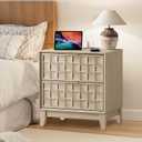 COLAMY Nightstand with Charging Station, 22" Modern Bed Side Table with 2 Storage Drawers and Chessboard Relieffor Bedroom, Dorm and Small Spaces - Oak (Set of 1)