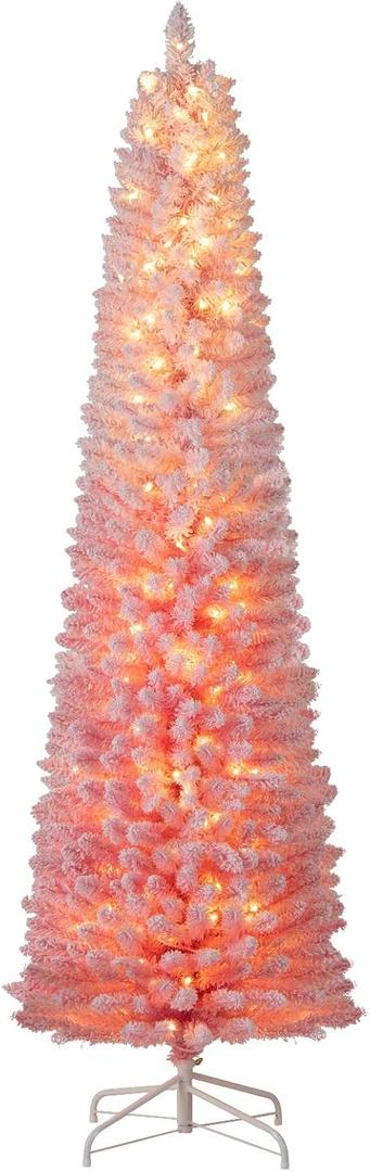 Goplus 7ft Pink Slim Pencil Christmas Tree, Pre-lit Snow Flocked Artificial Skinny Xmas Tree with 180 Warm White LED Lights, 8 Lighting Modes, 527 Branch Tips & Metal Stand, Home Office Decoration