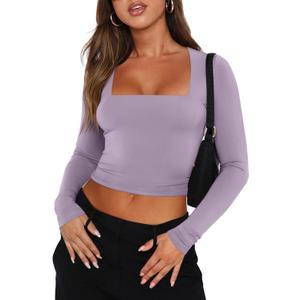 REORIA Long Sleeve Shirts for Women 2024 Fall Fashion Square Neck Basics Y2K Crop Tops Layering Slim Fitted Top, XL