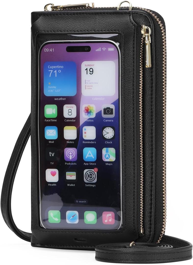 GOIACII Phone Purse Crossbody Bags for Women Small Travel Wallet Touch Screen RFID Blocking (Black)